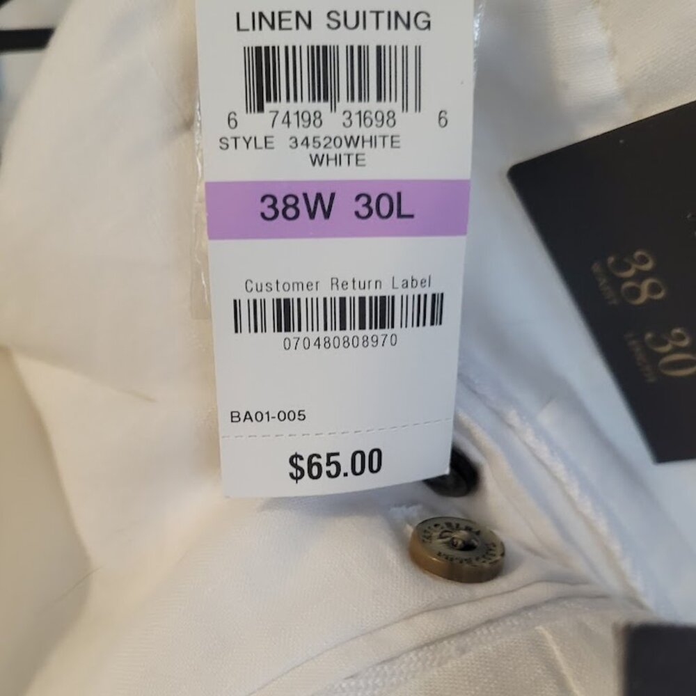 38 X 30 TASSA ELBA ISLAND WHITE LINEN BLEND PANTS- GREAT LOOK - NWT